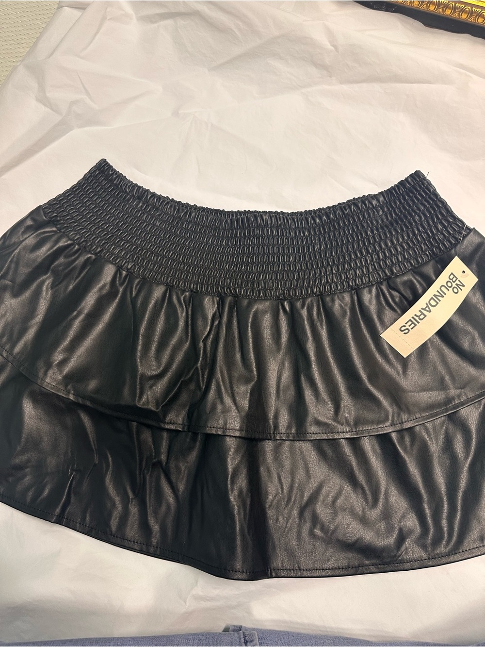 No Boundaries Black Faux Leather Tiered Mini Skirt with Smocked Waist - Picture 2 of 10